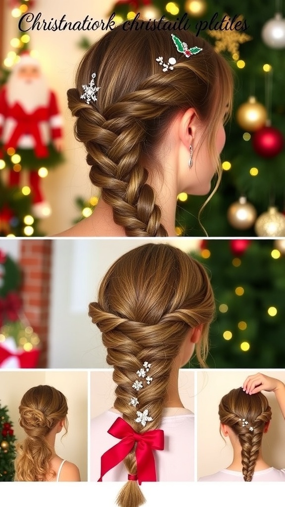 A collection of Christmas hairstyles with plaits, including a French braid and fishtail braid, set against a festive background.